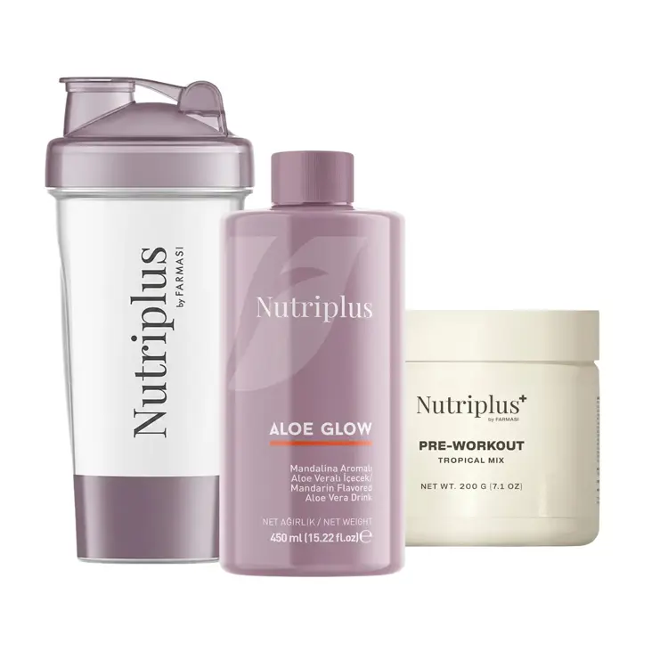 image of Nutriplus Pre-Workout & Aloe Glow Set with Lily Shaker